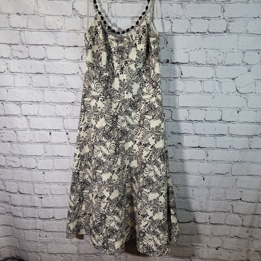 Ann Taylor Loft Floral Dress Womens 4 Cream Black Excellent Beaded Straps Toile